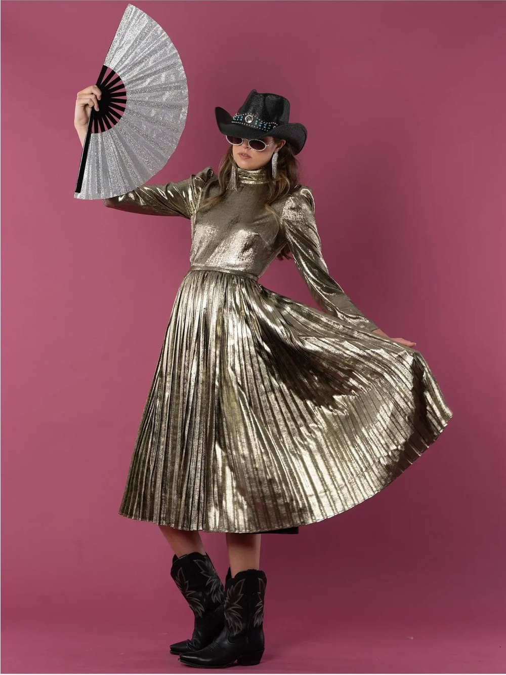 Emily McCarthy Metallic Gold Pleated Midi Dress Party Holiday New Years